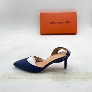 Navy Mid Heels Pumps Pointed Toe Slingback Sandals Party Casual Dress Shoes